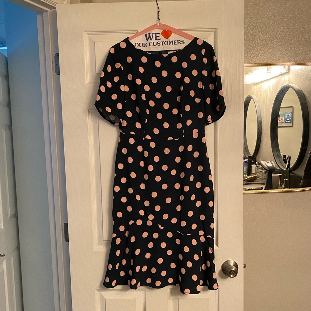 Teal and light pink polka dot Boden dress. Fitted with flouncy bottom